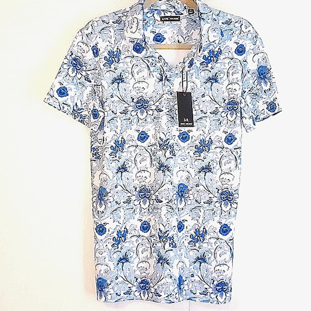 Marc Nelson "Damask" Floral Blue Golf Polo in Size S (NWT)